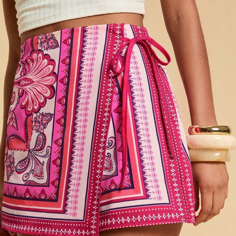 Pink Boho Women's Paisley Side Tie Shorts